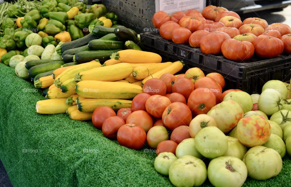Fresh variety of vegetables at an outdoor Farmer's Market 