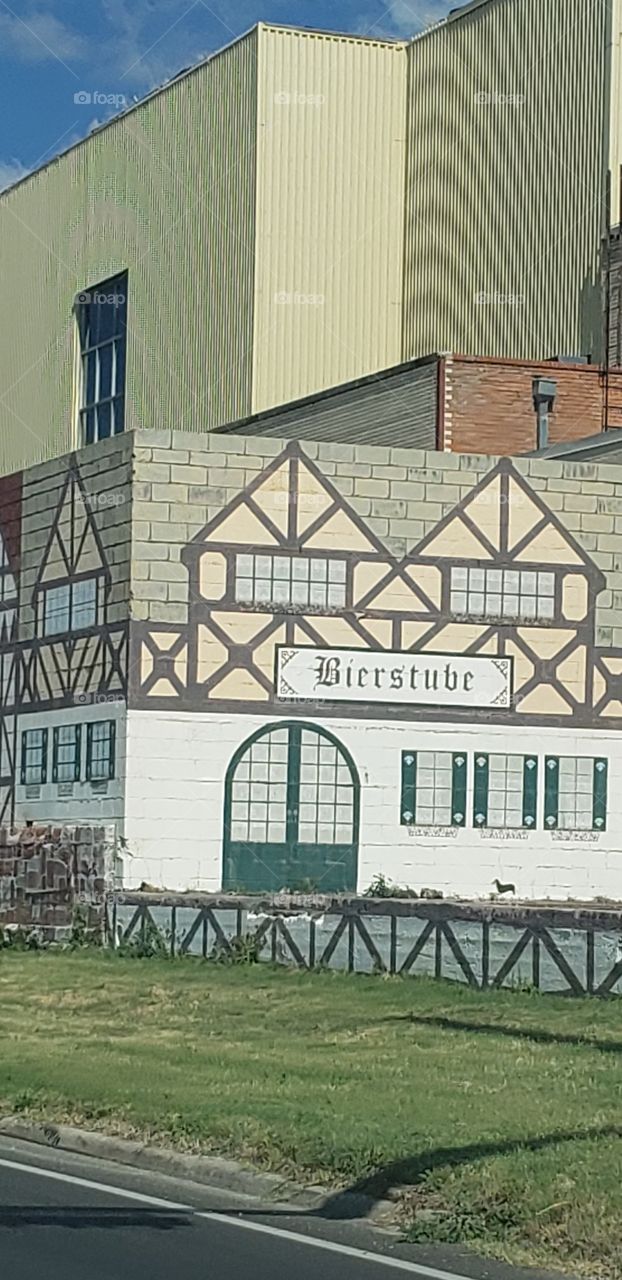 The outside of this building was made to look like a traditional German town. Bierstube.