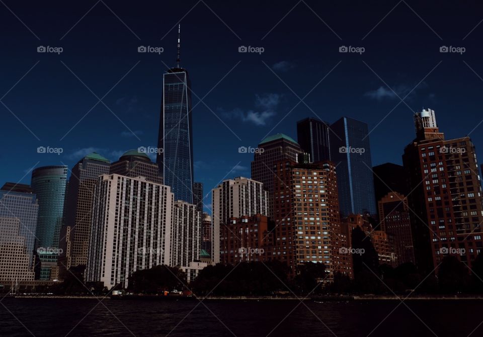 NYC At Nighttime, City In The Dark, Skyscrapers In New York City, New York City Water Line, Nightfall In The City, Urban City Portrait 