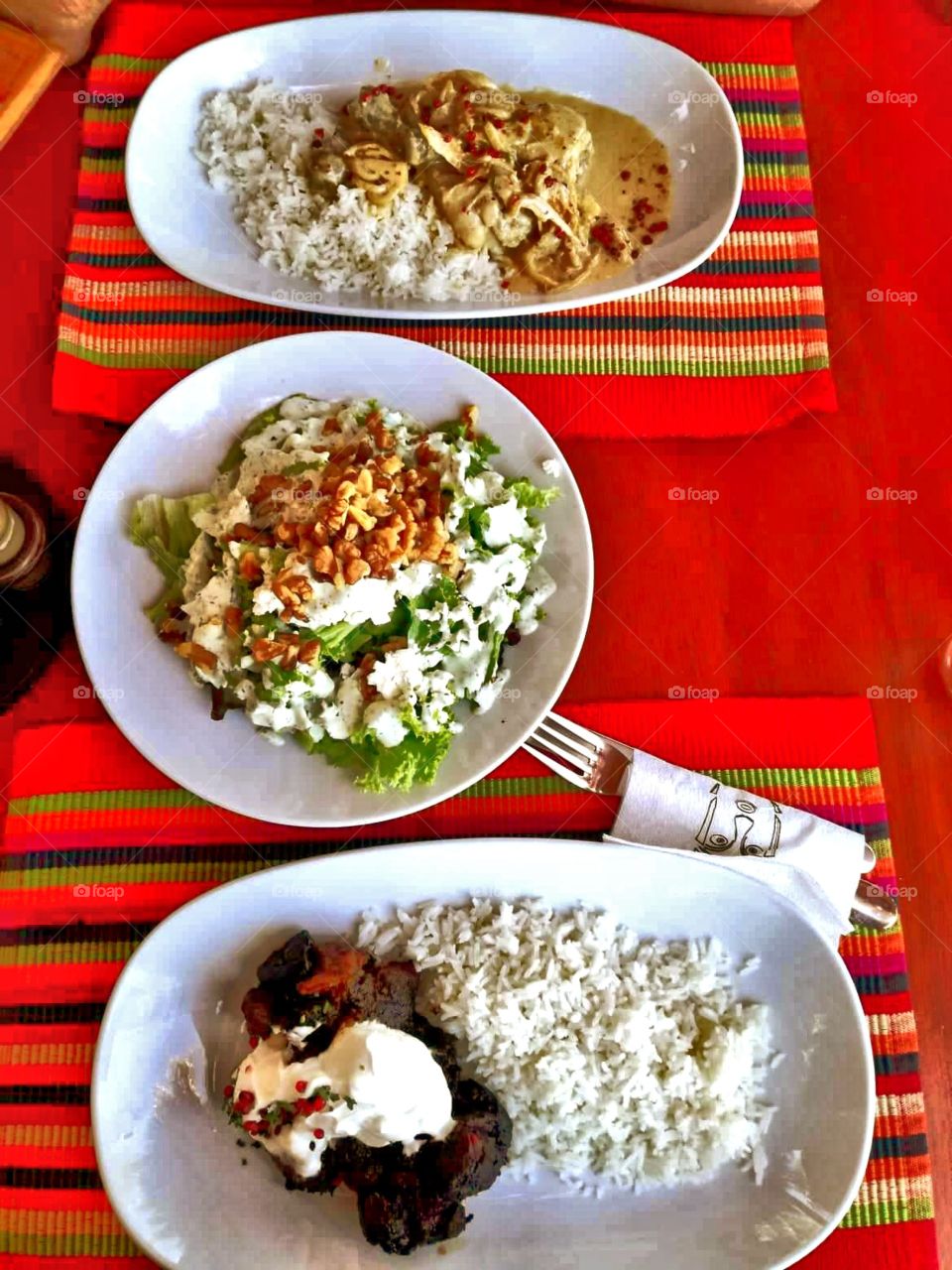 Tasty beef with rice and salad