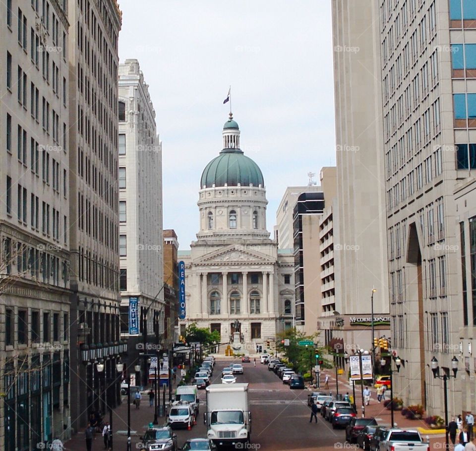 Indiana State Capitol view from Sailors and soldiers Monument (Monument Circle) in downtown Indianapolis 