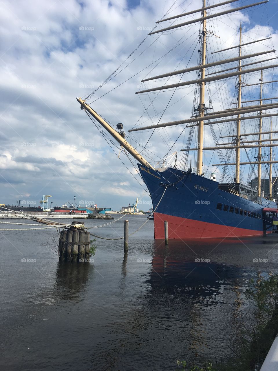 A docked ship on the Delaware river 