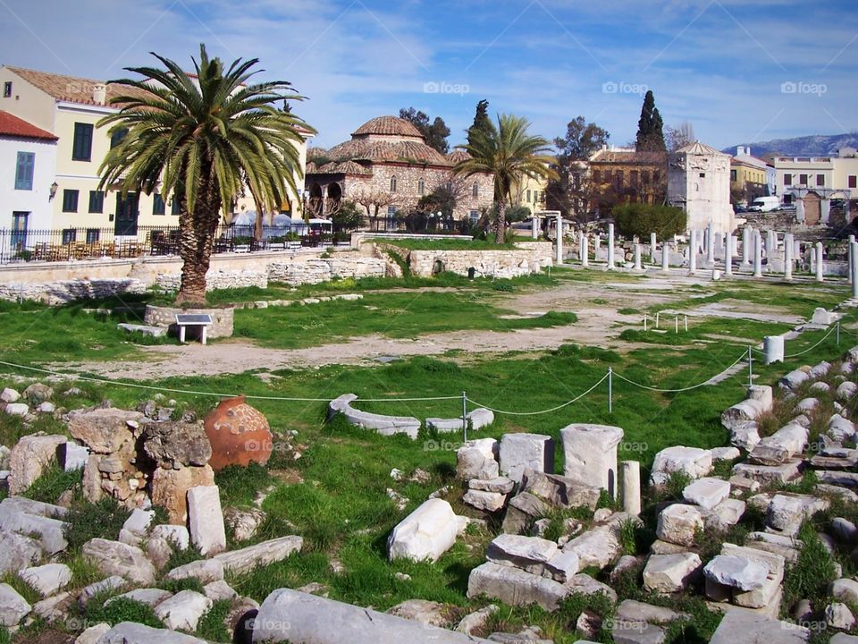 View of stones in the Agora at the foot of the acropolis in Athens, Greece