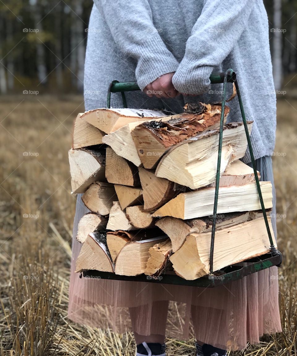 Holding firewod in field. Autumn. Woman carry firewood
