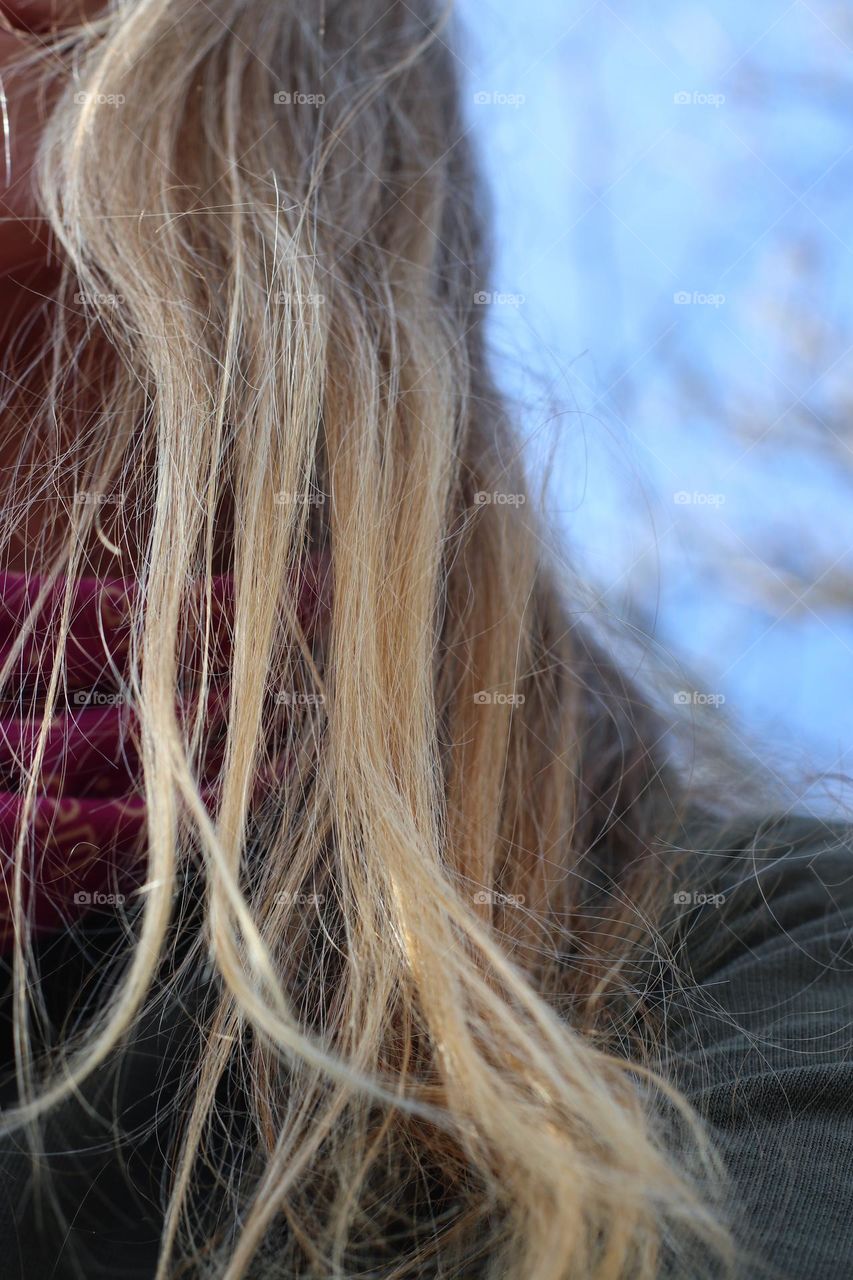 Close up of blonde long hair against blue sky and bare tree 