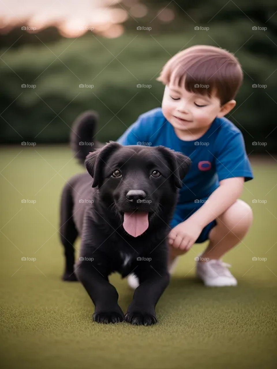 Child playing with a black dog