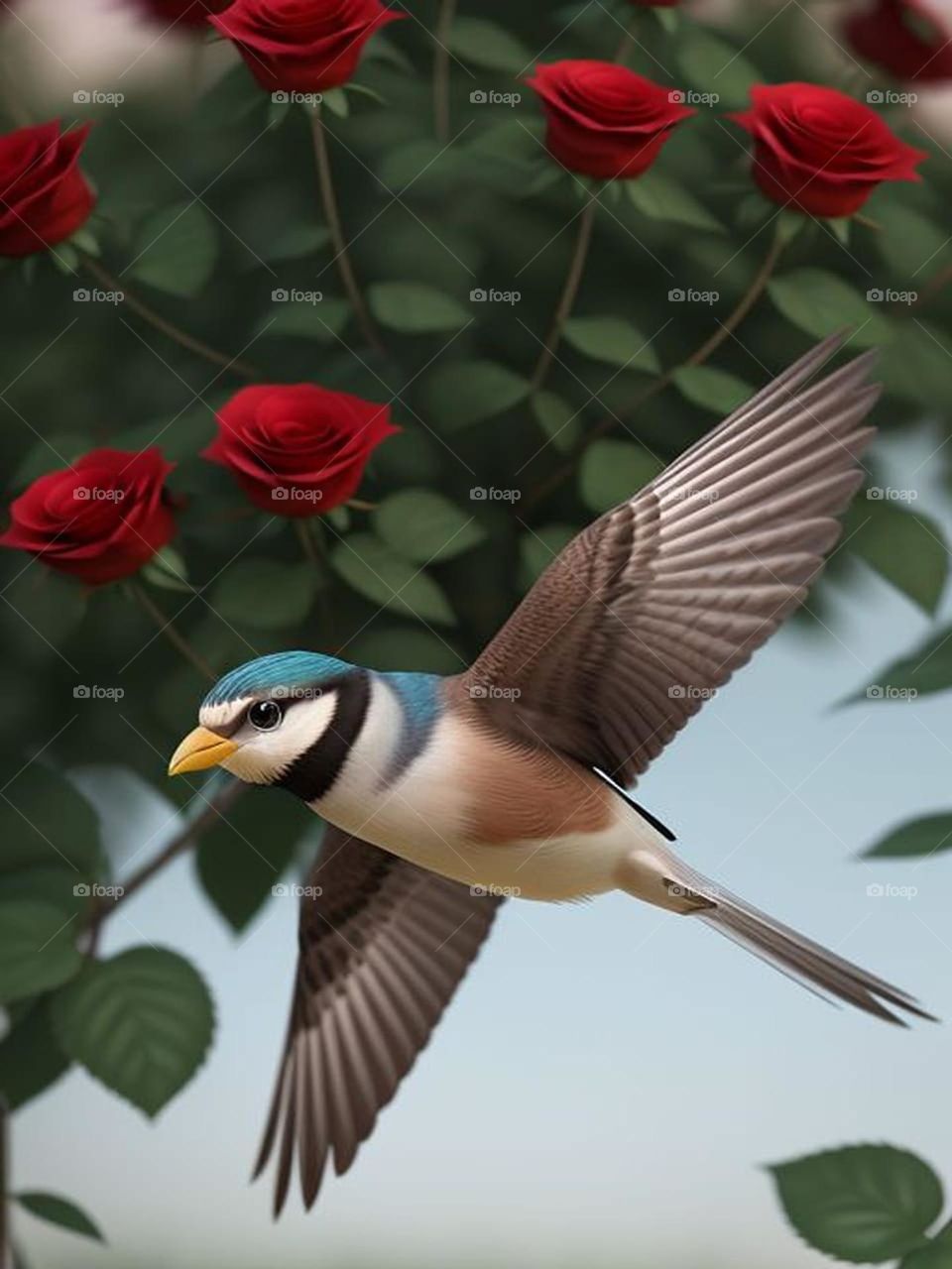 A beautiful bird flies among the roses