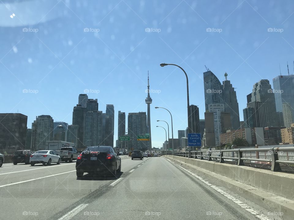 Toronto downtown skyline from car 