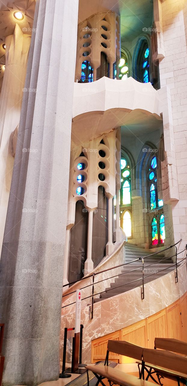 La Sagrada Familia stairwell Barcelona Spain stained glass