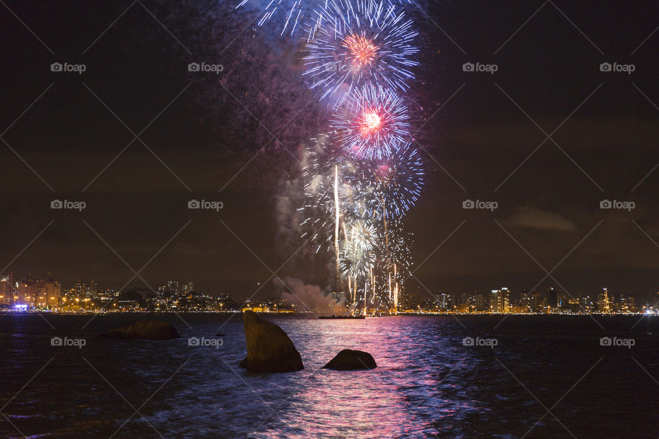 Happy New Year, fireworks in Florianopolis Santa Catarina Brazil.