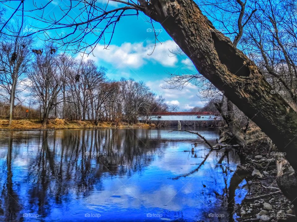 On the river with the Covered Bridge in Indiana 