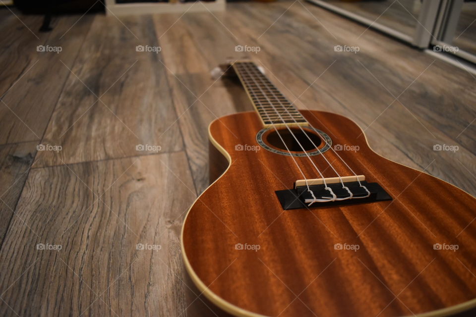 Photo of a brown four-string ukulele taken with a Nikon D3500