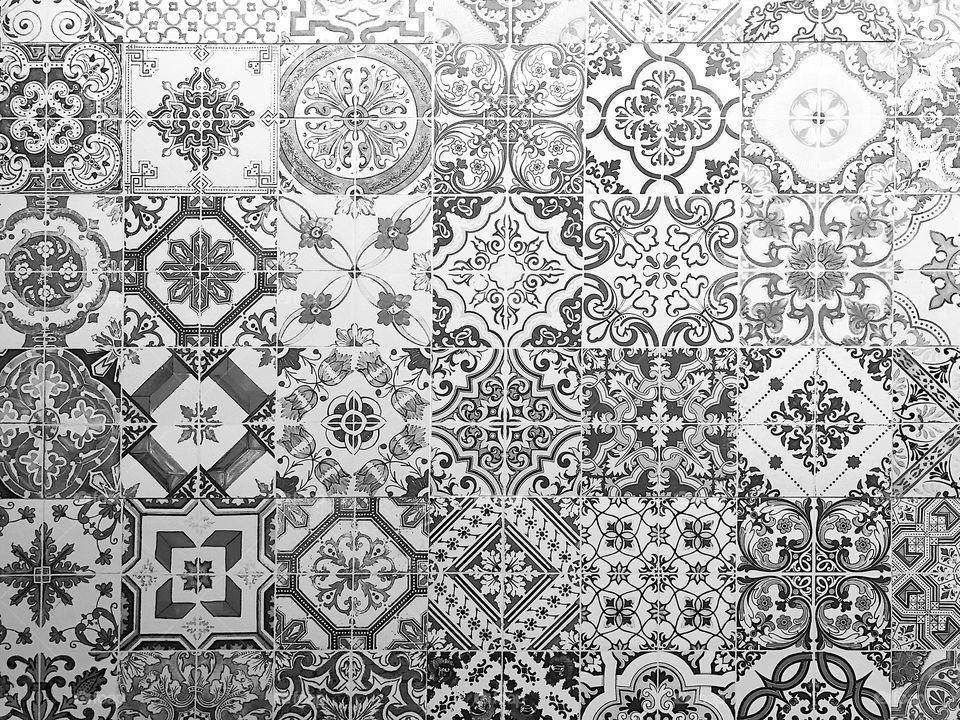 Ceramic tile pattern elegant vintage and Tuscany flowers. Beautiful black and white background for design and fashion with decorative elements. Ornate floral decor for wallpaper. Tuscany or Italian style.