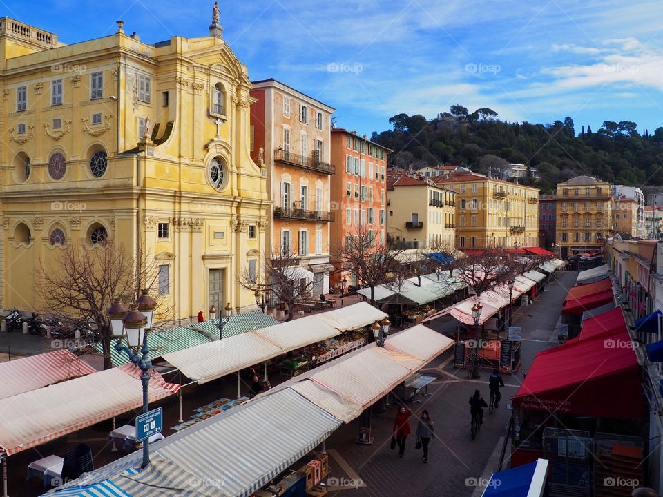 View of the Cours Saleya market from above in Nice, France.