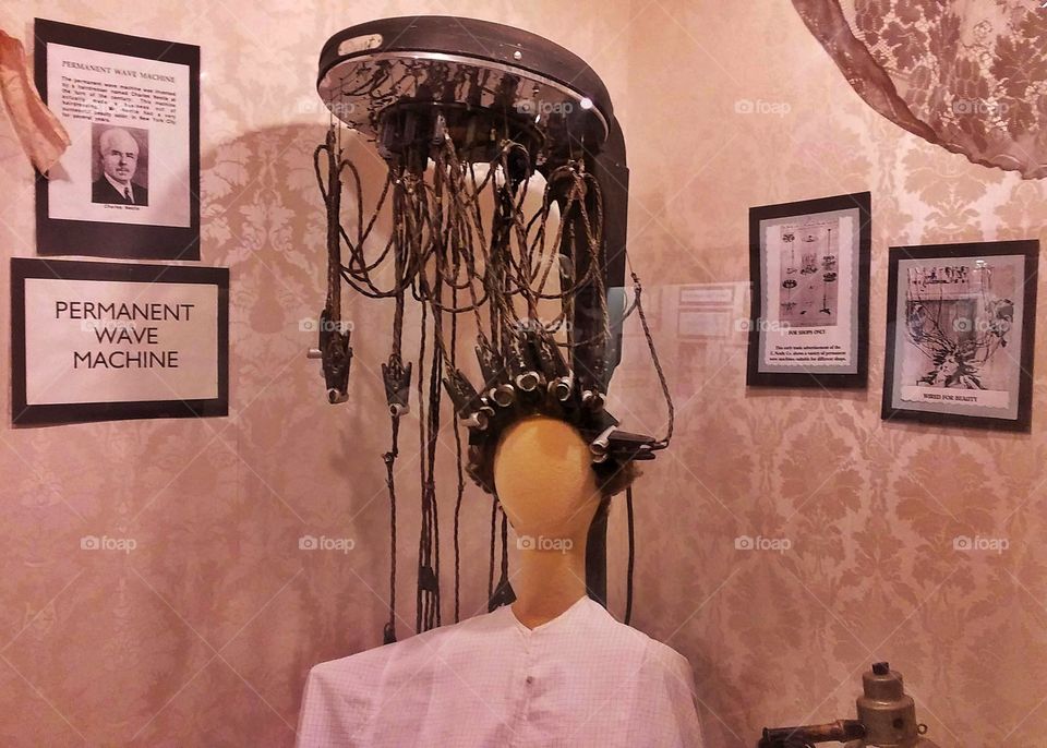 quirky vintage hair salon machine displayed at Fort Walla Walla Museum