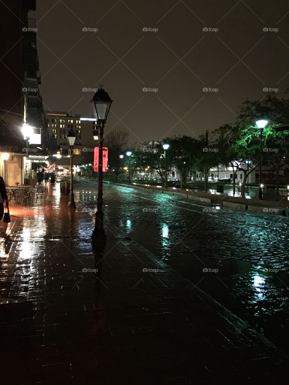 City streets of Savannah Ga night time after rain