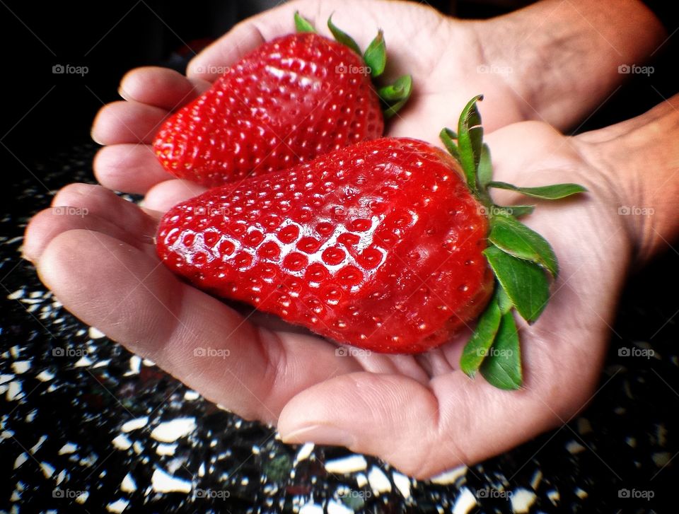 Red strawberry in hand