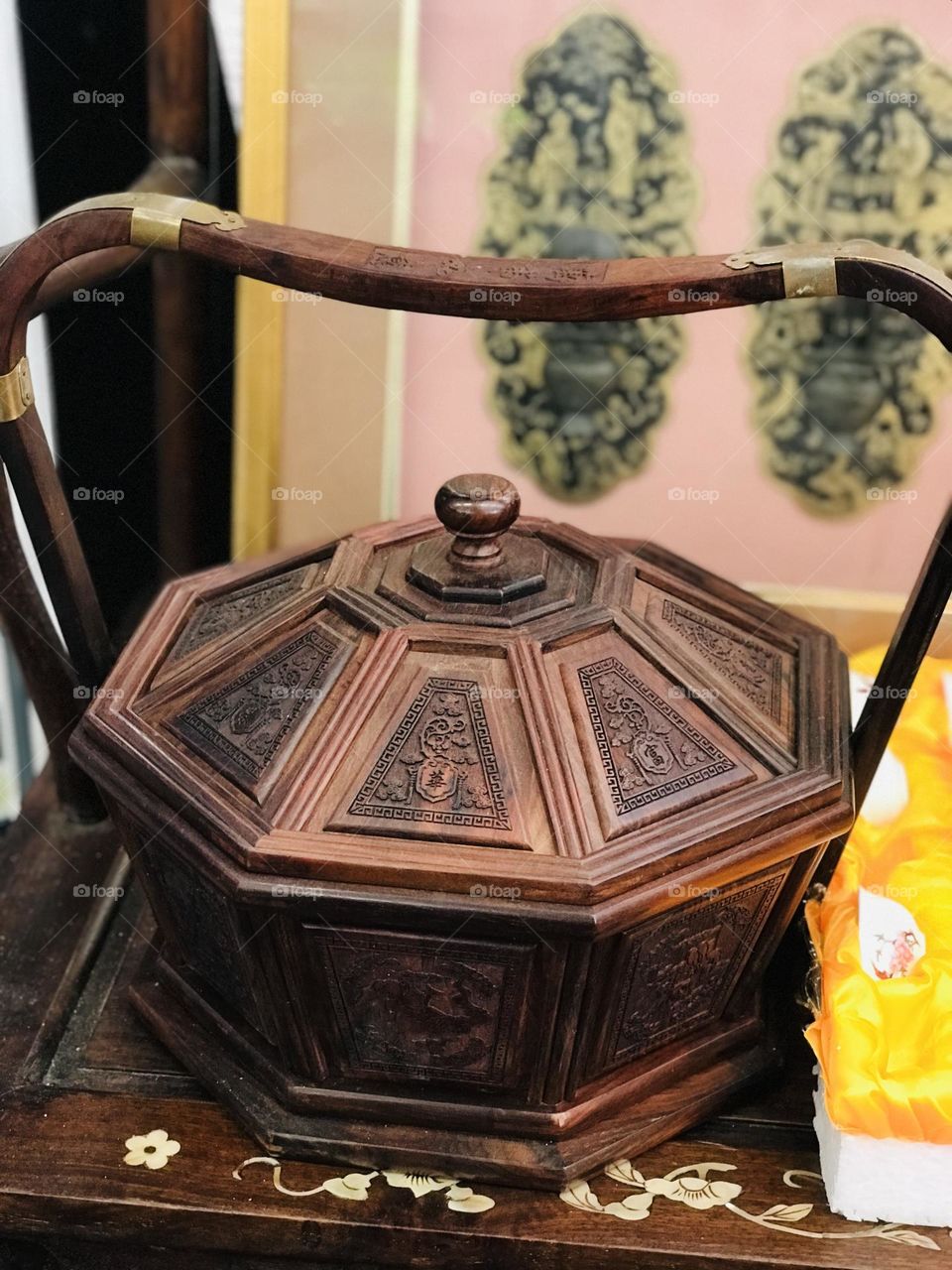 Hand made ancient precious wooden storage container along with beautiful Chinese architecture 