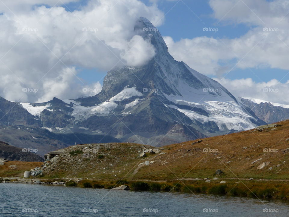 Snowy mountain near the lake