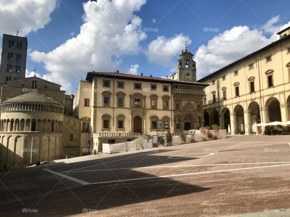 The breathtakingly beautiful Piazza Grande in Arezzo, Italy