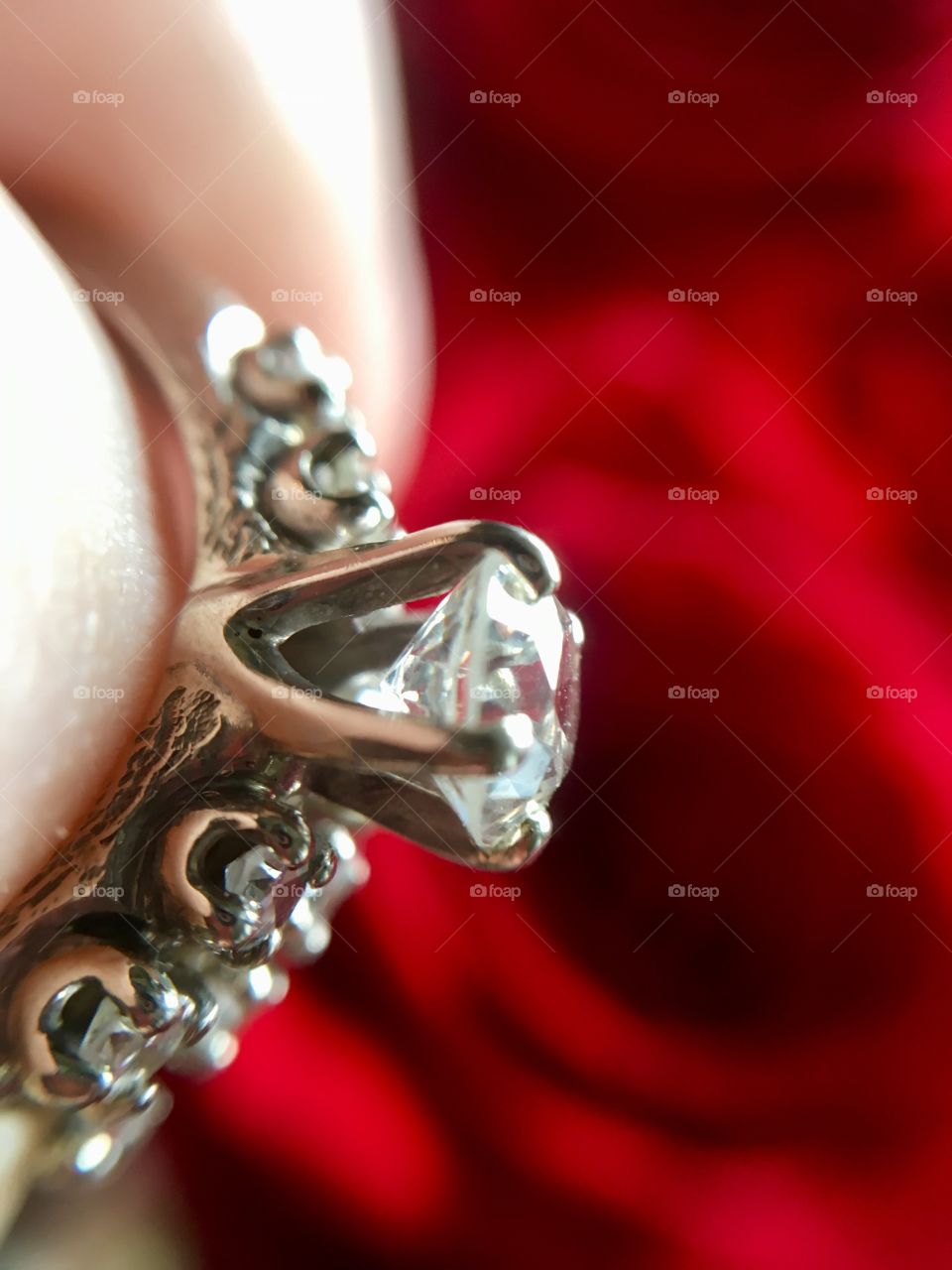 Engagement ring with rose background 