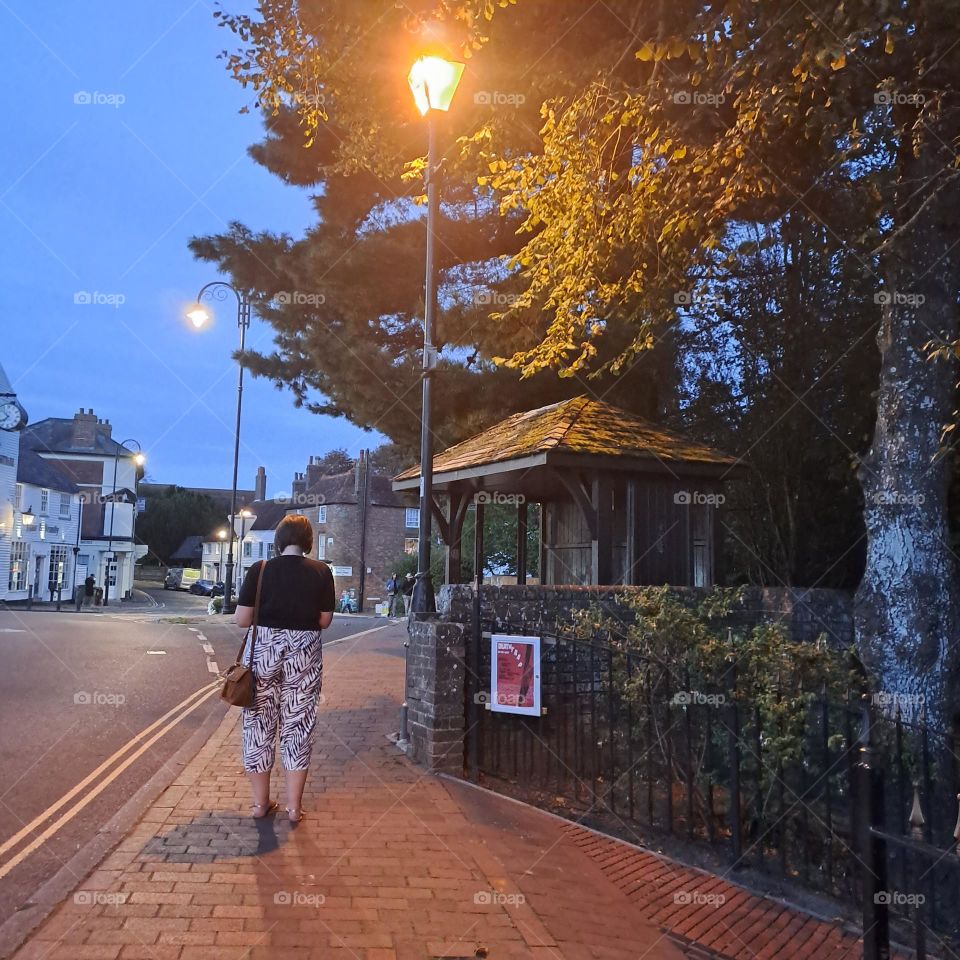 walking home late summer evening. street u.k. street lights. back of lady. trees