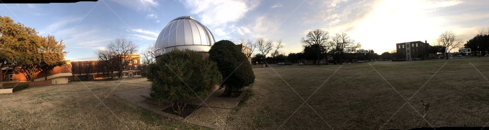 An observatory is lined with bushes on a crisp afternoon. 