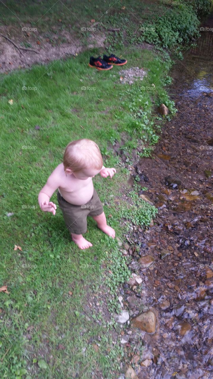 creek playtime. little boy playing in the stream