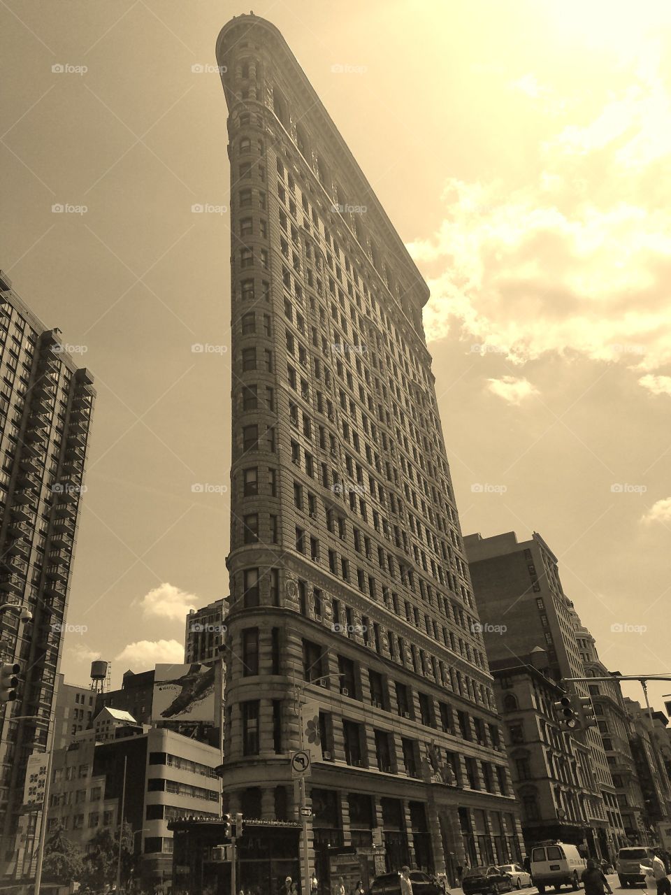 Flatiron Building on 23rd Street near Madison Square Park - Sepia Filter - May 19th 2017 in the afternoon