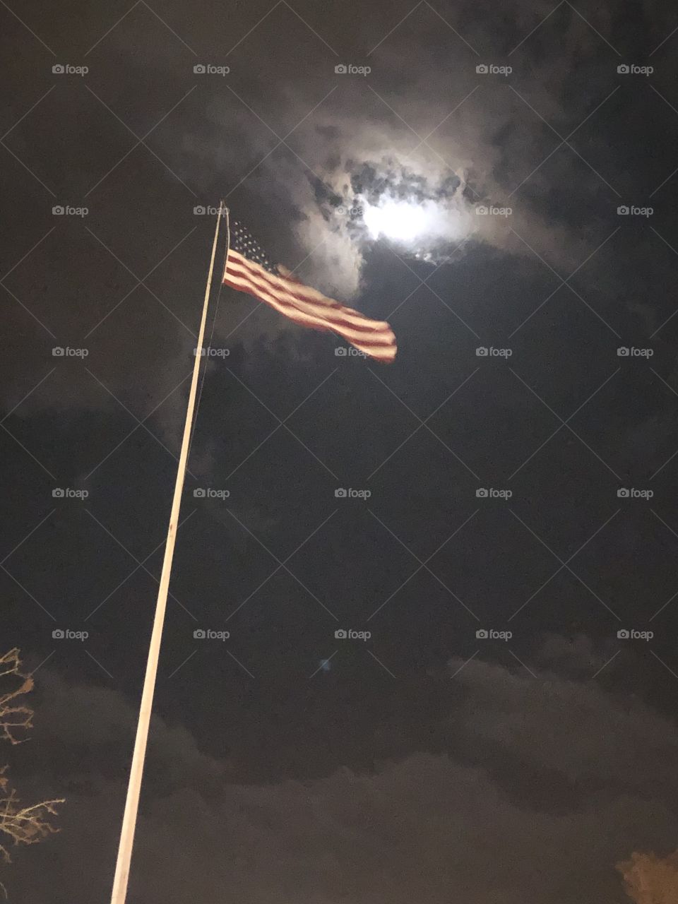 The American flag flying in December at a Tree lighting ceremony in Louisiana, catching my eye as it flew against a moonlit sky. 