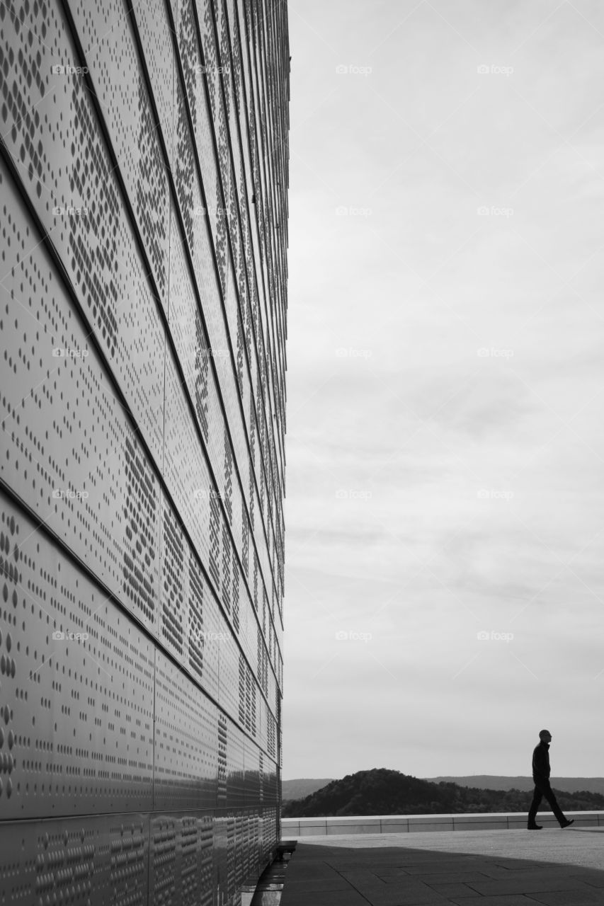 Braille. Rooftop walk of the National Opera House, Oslo. The dots on the exterior rooftop walls are literature pieces in braille.