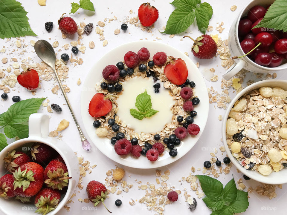 Yogurt and muesli with berries for breakfast 
