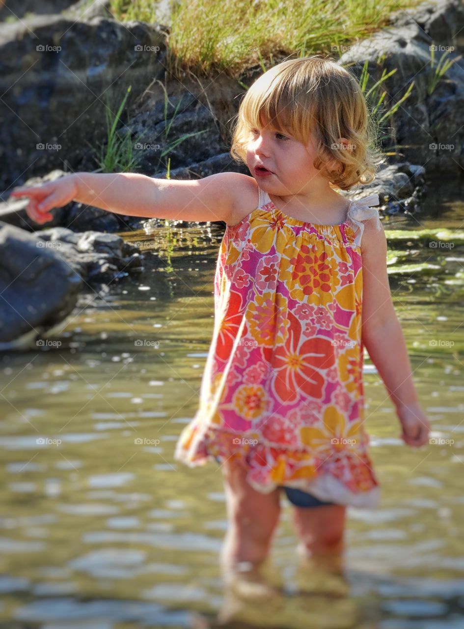 Little Girl In A River. Toddler Girl Exploring A River
