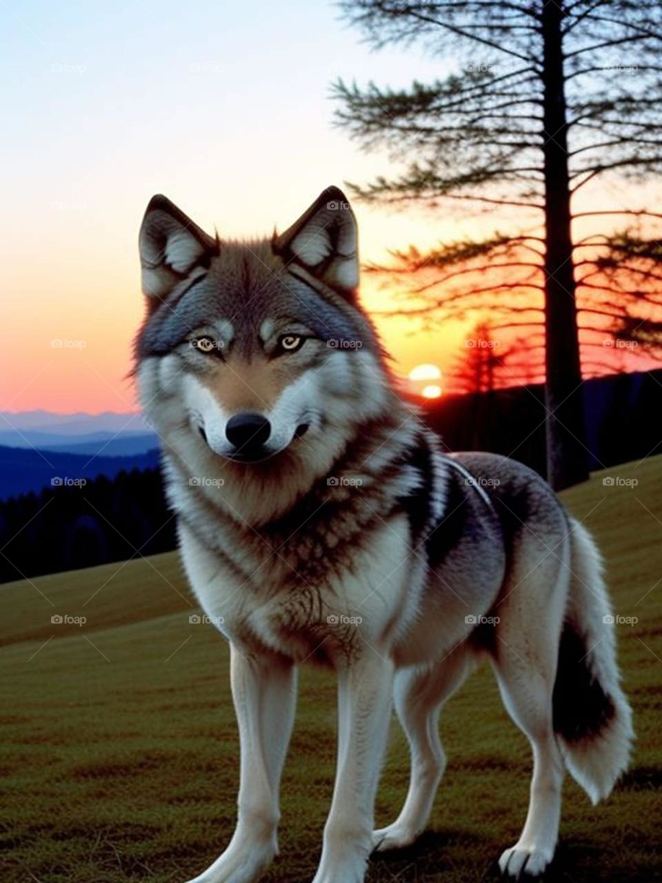 Wolf in the wild with sunset view