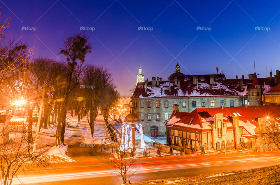 Lviv cityscape during the sunset