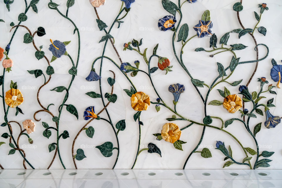 Unique floral wall as part of interior design at the Sheikh Zayed Grand Mosque in Abu Dhabi