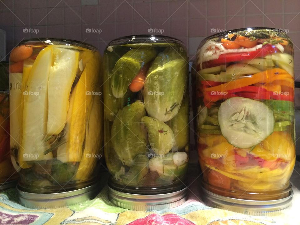 Jars with vegetables and pickles 