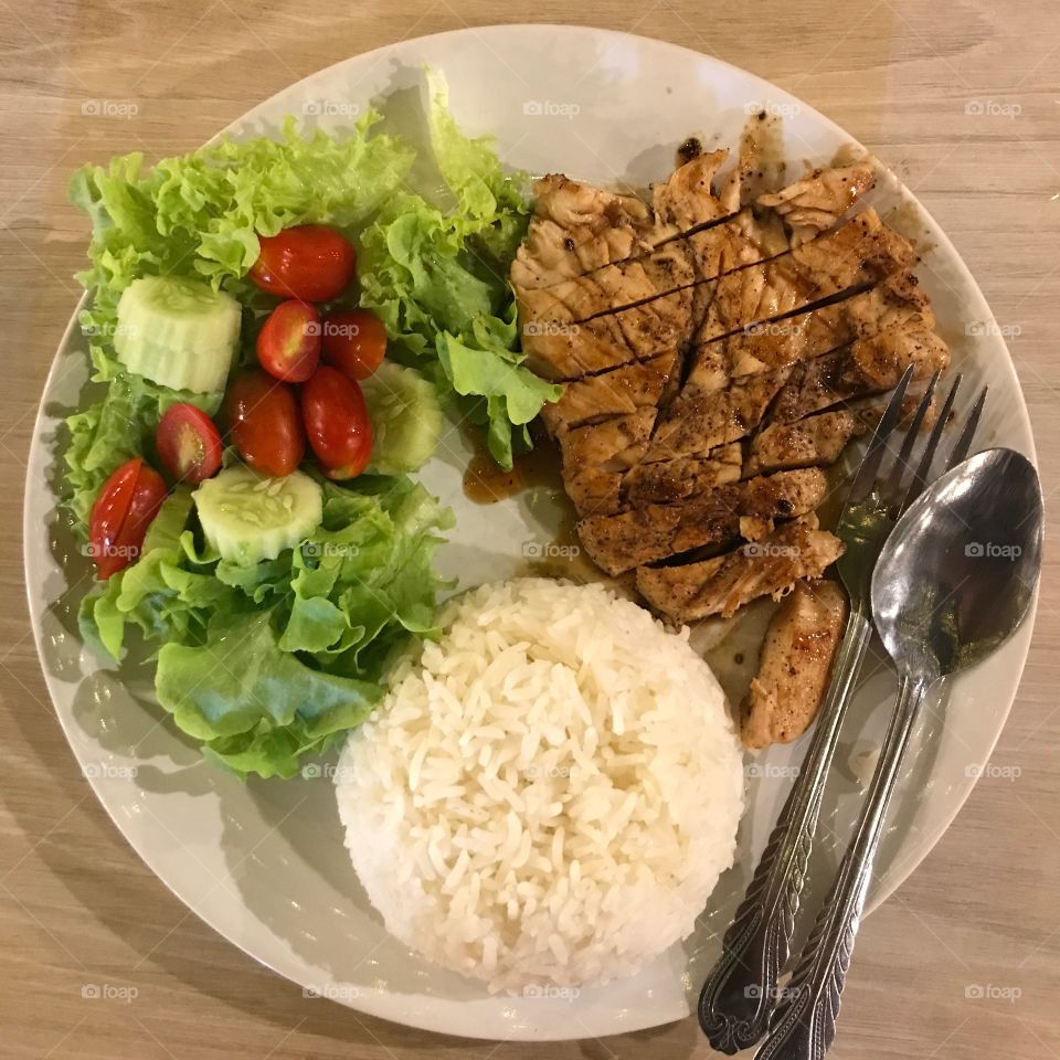 Pork steak with steamed rice