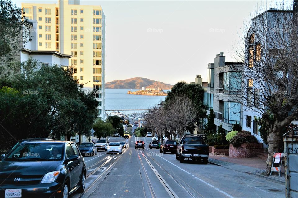 San Francisco street with a view on Alcatraz