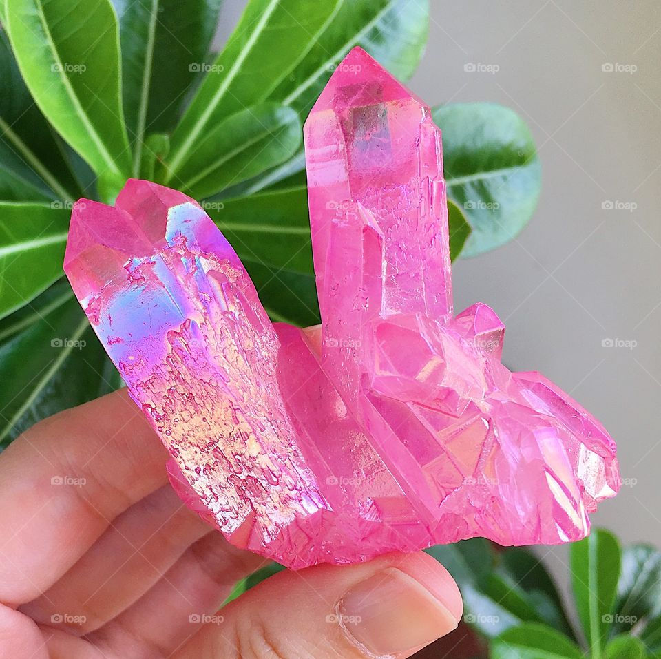 Neon pink angel aura quartz crystal cluster