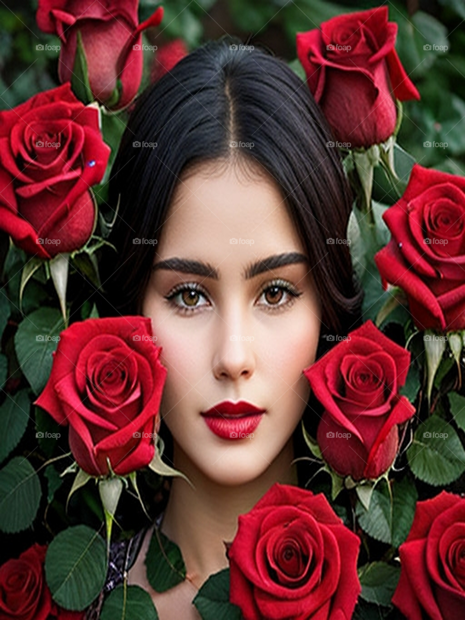 Beautiful girl among roses