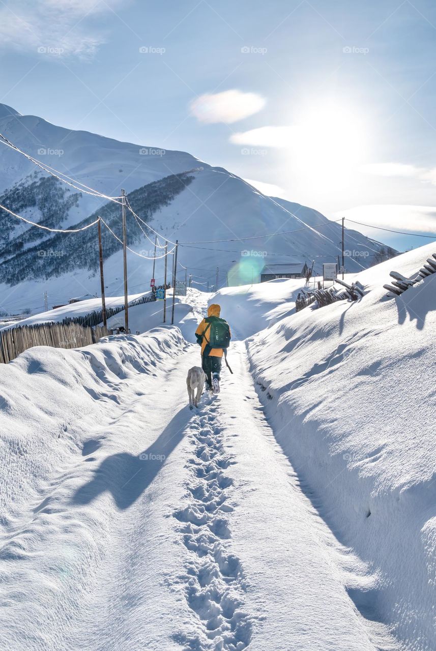 Walking in snow land with Buddy