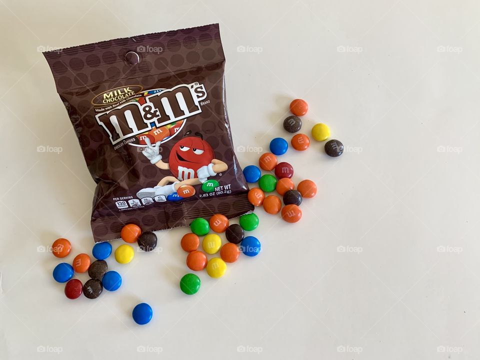Bag of colorful and and delicious m&m’s candy on a white background 