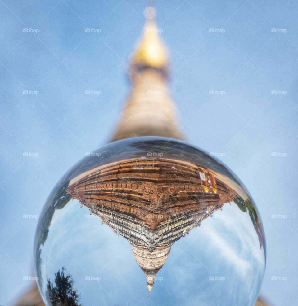 Shwesandaw Pagoda in crystal ball , Bagan Myanmar 