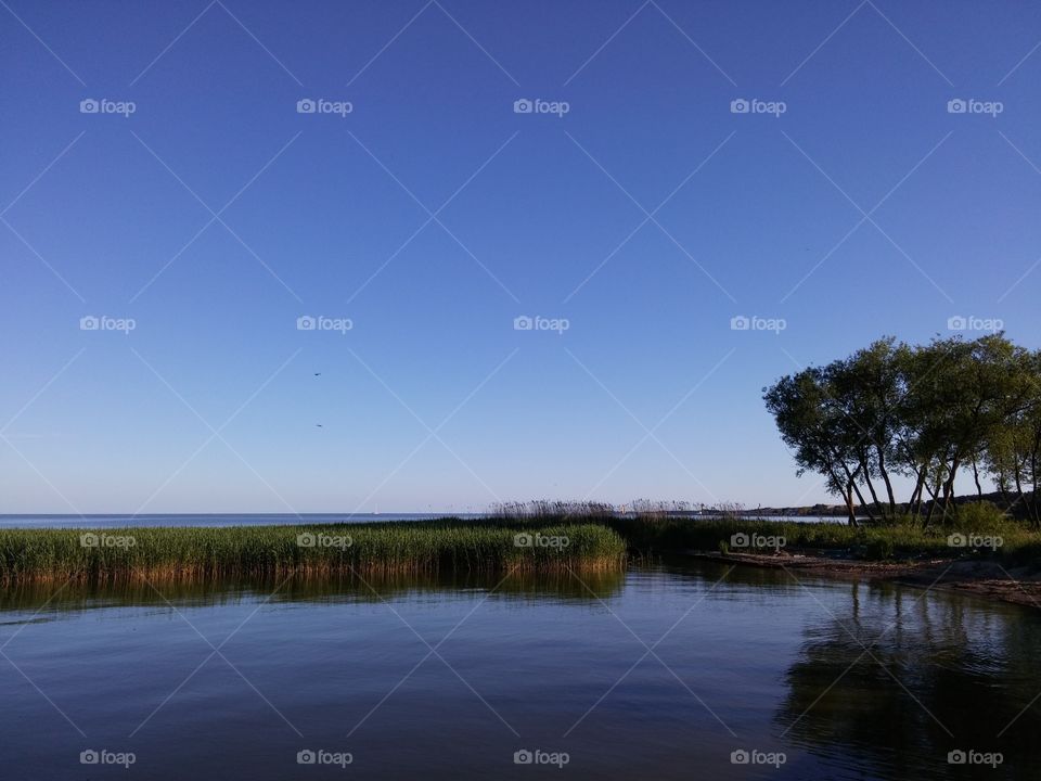 Deep blue sky and water. Curonian lagoon. Lithuania