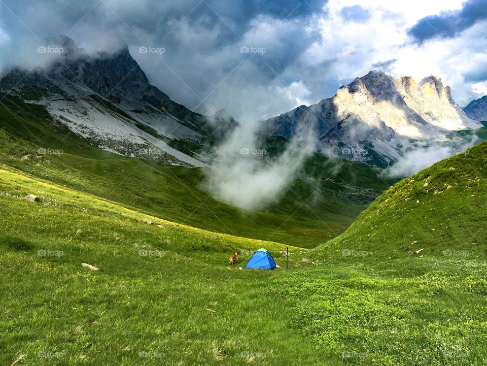 mountain landscape with tent and dog in front.