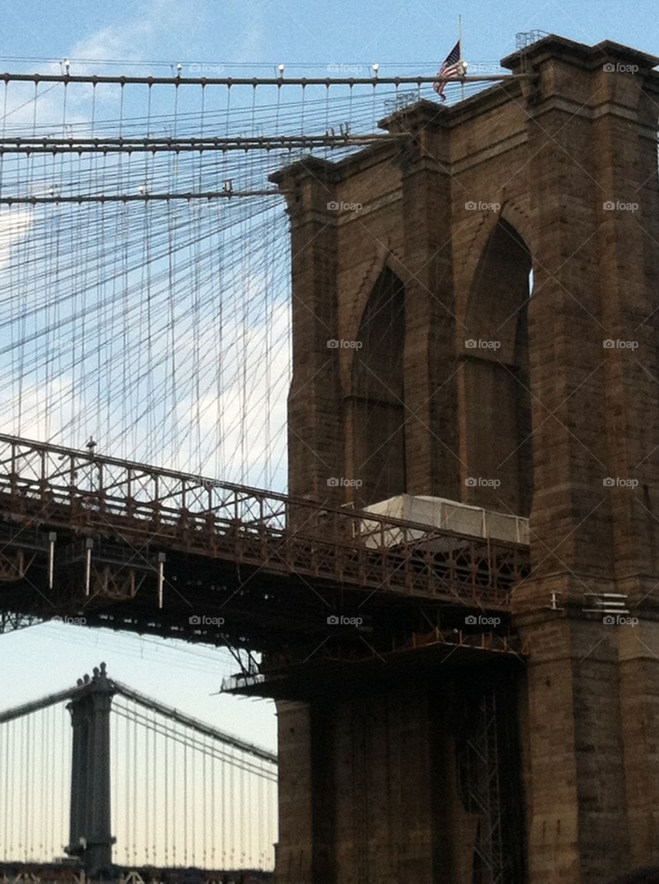 The Brooklyn bridge in late afternoon from a boat tour on the East River overlooking Manhattan, New York. 