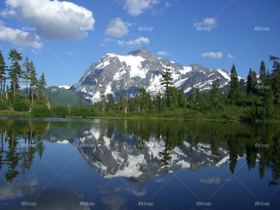 Reflection of trees and mountain in lake