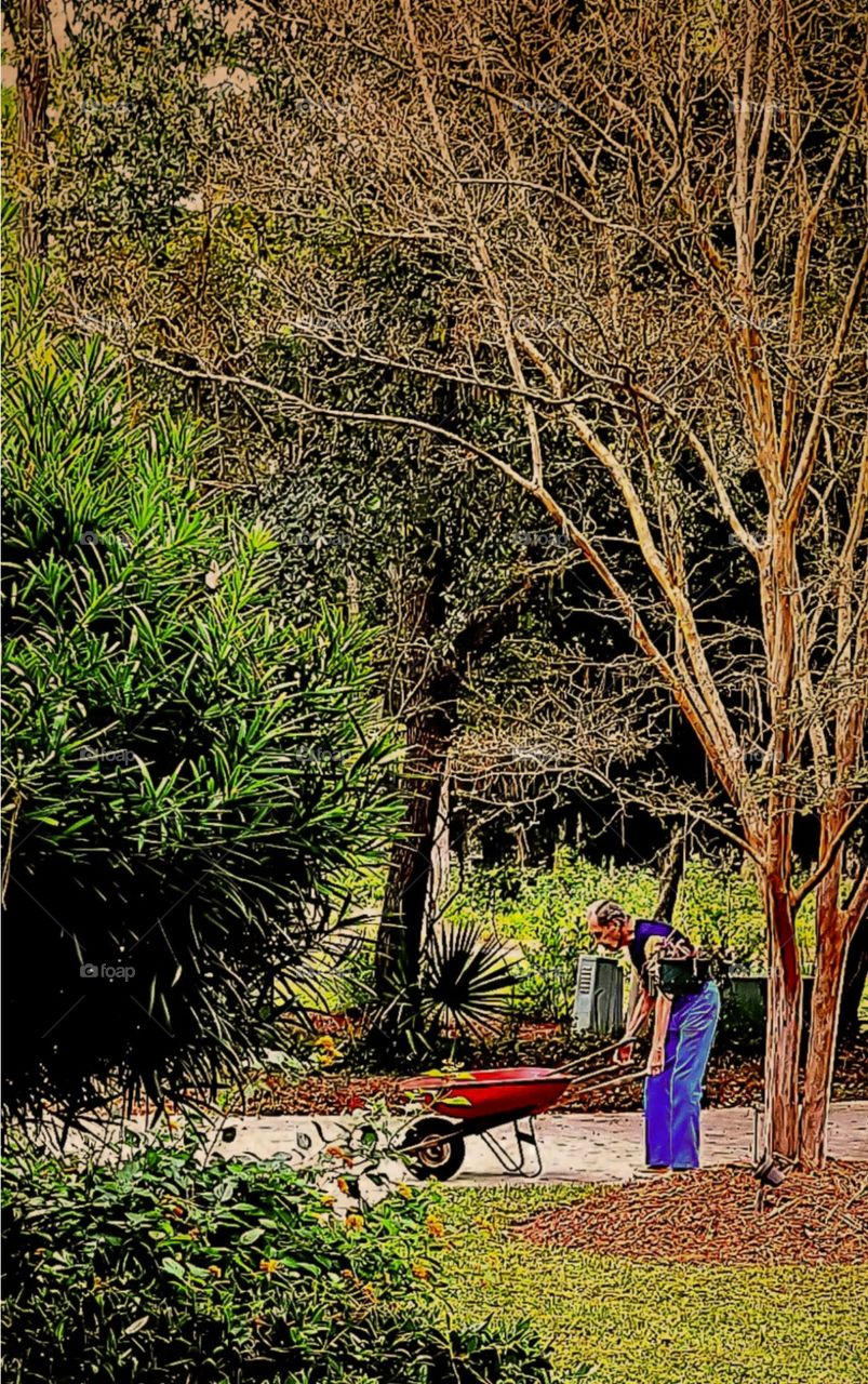 Moods of Autumn man working in yard in the Fall of the year