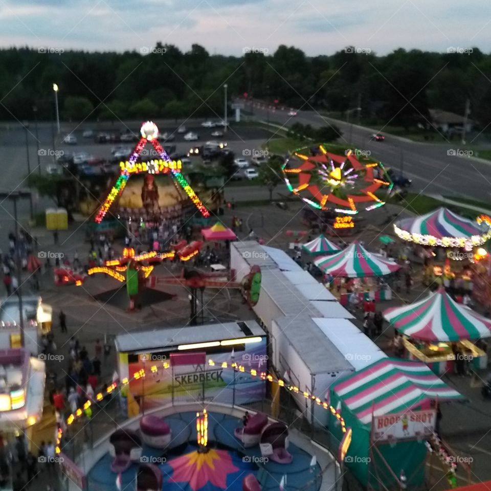 Aerial view of carnival at dusk
